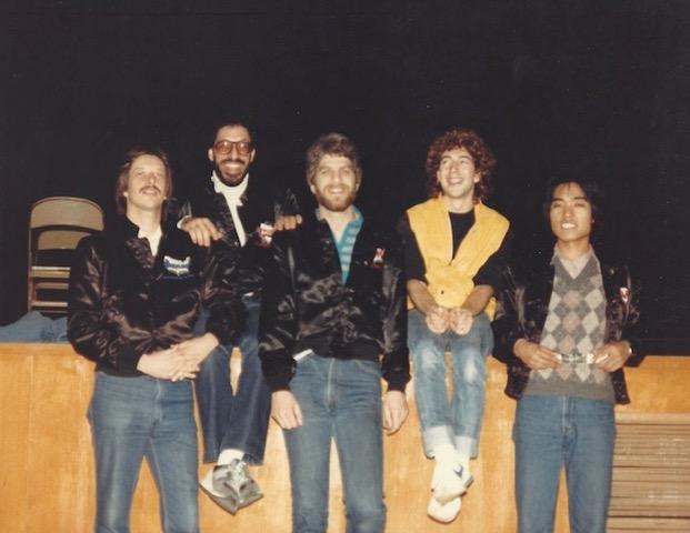 Group shot after the Nov. 13, 1983 clinic: Pete Rugg (Tama/Ibanez sales rep), Dom, me, Simon, Tommy Kato (Tama Drums manager).